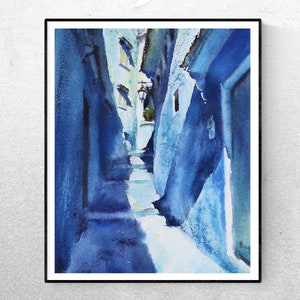 Chefchaouen print - Morocco Blue city - Boho Decor - Moroccan wall Art - Arabian decor - Blue city painting - Watercolor print