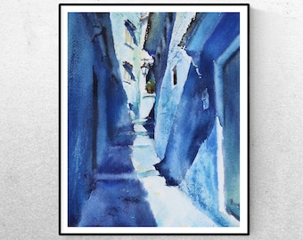 Chefchaouen Watercolor Print - Morocco Blue City, Arabian Decor