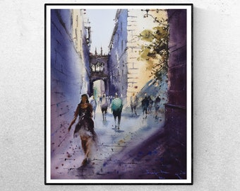 Barcelona Watercolor Art Print – Gothic Quarter Bishop Bridge