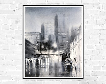 Vancouver BC print - Vancouver poster - Rainy street - Cityscape - Watercolor city