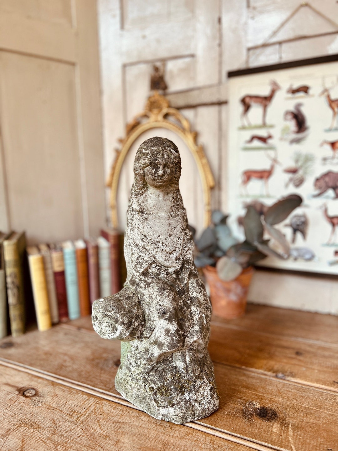 Vintage Garden Statue Girl Statue Stone Lady on Log Etsy UK
