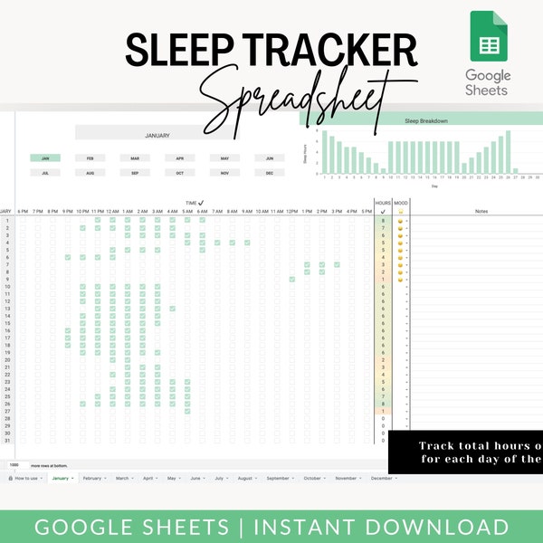 2024 Digital Sleep Tracker Template Spreadsheet | Track Hours Slept Daily | Monthly, Yearly Sleep Tracker | Digital Download | Google Sheets