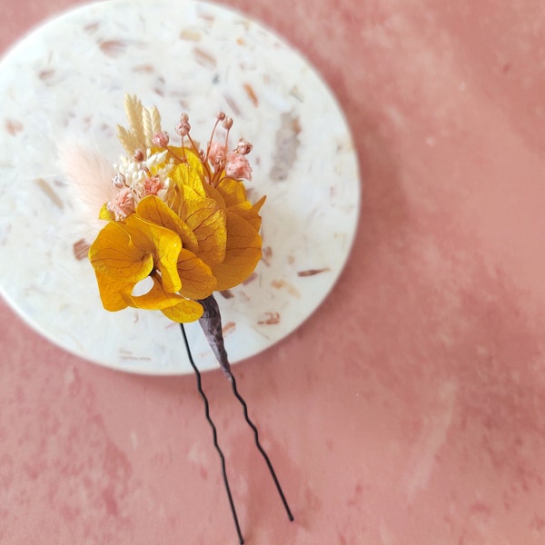 Epingle cheveux fleurs séchées ivoire jaune orange rose, hortensia - Accessoire mariage coiffure pour mariée, témoins, demoiselles d'honneur
