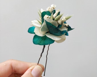 Epingle cheveux fleurs séchées Emeraude - Accessoire mariage coiffure tendance pour mariée, témoins, demoiselles d'honneur, barrette fleurie