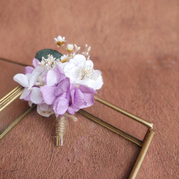 Boutonnière fleurs séchées naturelles Parme - Collection mariage, bouquet broche pour marié et témoin - Accessoire mariage homme et enfant