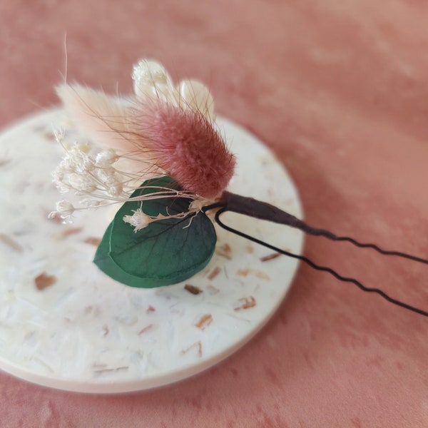 Epingle cheveux fleurs séchées ivoire, rose, terracotta, vert Eucalyptus - Accessoire mariage coiffure pour mariée et demoiselles d'honneur