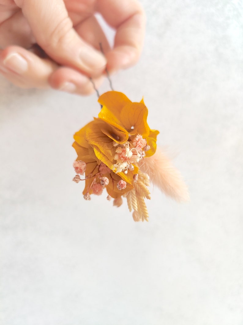 Epingle cheveux fleurs séchées ivoire jaune orange rose, hortensia Accessoire mariage coiffure pour mariée, témoins, demoiselles d'honneur image 2