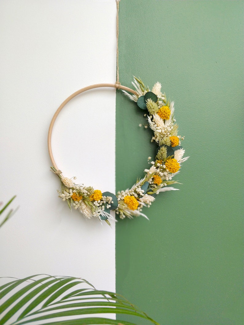 Wall wreath Dried flowers Mustard model Boho floral composition, floral art design, interior decoration image 2