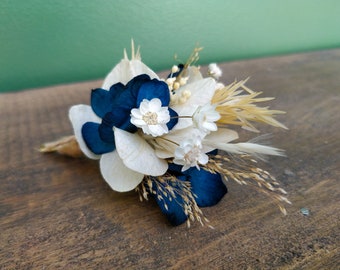 Boutonnière bleue fleurs séchées éternelles - Collection mariage, bouquet broche pour marié et témoin - Accessoire mariage homme et enfant