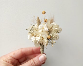 Boutonnière fleurs séchées doré & ivoire - Collection mariage, bouquet broche pour marié et témoin - Accessoire mariage homme et enfant