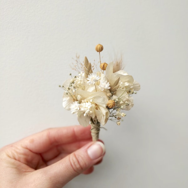 Boutonnière fleurs séchées doré & ivoire - Collection mariage, bouquet broche pour marié et témoin - Accessoire mariage homme et enfant