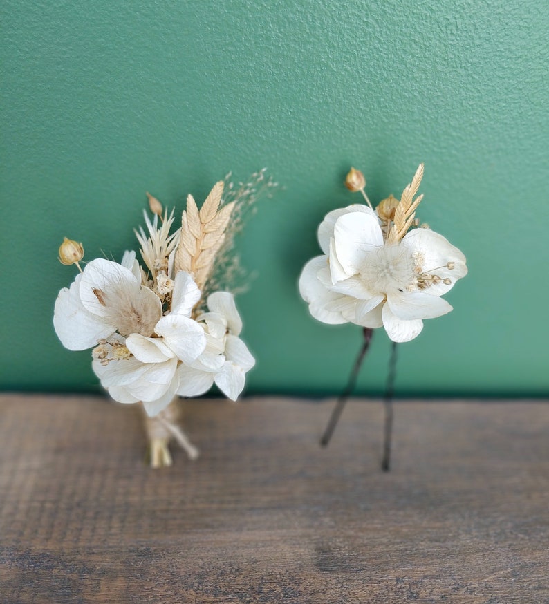 Epingle cheveux fleurs séchées ivoire Accessoire mariage coiffure tendance pour mariée, témoins, demoiselles d'honneur barrette fleurie image 5