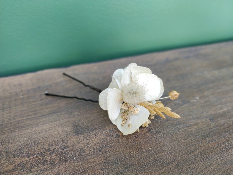 Epingle cheveux fleurs séchées ivoire Accessoire mariage coiffure tendance pour mariée, témoins, demoiselles d'honneur barrette fleurie image 2