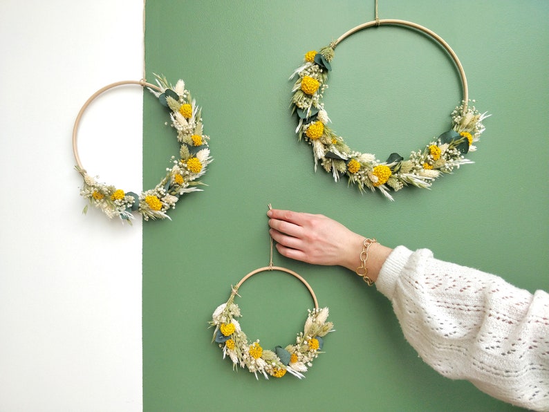 Wall wreath Dried flowers Mustard model Boho floral composition, floral art design, interior decoration image 5