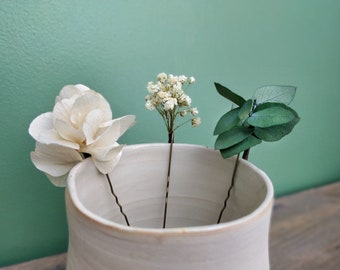 Epingle à cheveux fleurs séchées - Accessoire mariage tendance pour mariée, témoin, demoiselle d'honneur - Bijou de cheveux type barrette