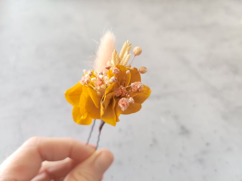 Epingle cheveux fleurs séchées ivoire jaune orange rose, hortensia Accessoire mariage coiffure pour mariée, témoins, demoiselles d'honneur image 3