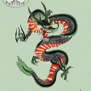 May include: A black and green dragon with red accents is curled in a defensive position. The dragon has sharp claws and a fierce expression.