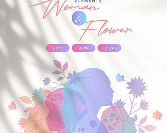 Elementos del paquete del Día Internacional de la Mujer SVG, SVG de flores, PNG del Día Internacional de la Mujer, belleza y degradado, clipart del Día de la Mujer