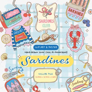 Sardine Clipart Set,Fisherman Aesthetic Retro Seafood SVG PNG,Tinned Fish Posters,Coastal Summer seafood Vibes for Packaging,T-Shirt Prints