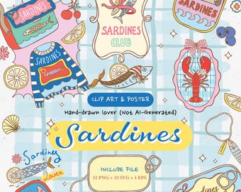 Sardine Clipart-Set, Fischer Ästhetik Retro Seafood SVG PNG, Fischkonserven Poster, Küstensommermeeresfrüchte Vibes für Verpackung, T-Shirt-Drucke