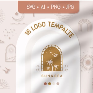 Puede incluir: Un conjunto de 16 plantillas de logo minimalistas de sol y mar en color marrón claro. Los logotipos presentan diversas combinaciones de soles, lunas, estrellas, olas, palmeras, pájaros y arcos. El texto "16 LOGO TEMPALTE", "es t d.", "SUN&SEA" y "19 89" también se incluye en la imagen.