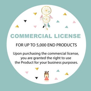 商用利用ライセンス（最終製品 5000 個まで販売可能）、デジタル SVG、PNG、Eps、Jpg、クリップアート