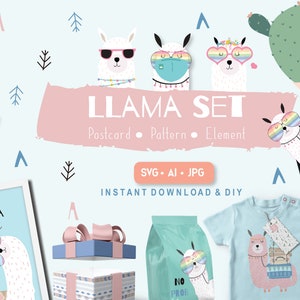 Postkarten-Set digitales Design mit süßem Lama, süßes druckbares.include ai,svg,jpg Datei, die Sie für Ihre Babyparty-Einladung verwenden können