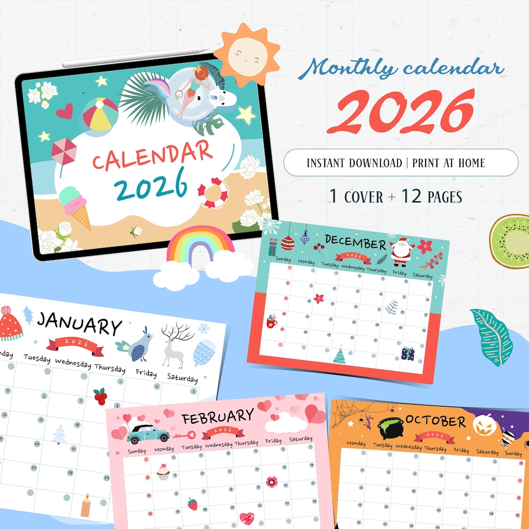 2026 Monthly Calendar Printable ,kid School Classroom Wall Calendar ...