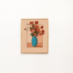 Ilustración en color rosa de hermosas flores en un jarrón azul - Arte ilustrativo de la pared - Arte floral de la pared - Póster simple de flores