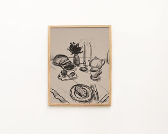 May include: A black and white sketch of a breakfast scene with a loaf of bread, a teapot, a cup, a plate of toast, and a vase of flowers on a table.