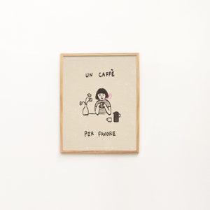 Arte ilustrativo de la pared de una mujer tomando café - Arte de la pared de la cita italiana que dice "Un Caffe Per Favore" - Arte de la pared peculiar - Impresión temática del café