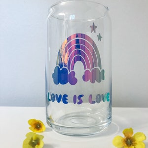 Love is love libbey glass, LGBTQ+ coffee glass, self-care cup, PRIDE drinkware