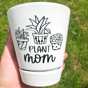 Plant Mom 4 Inch Planter Pot, Cute Succulent Pots, Small Plant Pot with Tray, Cute Cactus Planter, Housewarming Gift, White Ceramic Pot