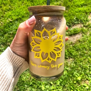 Here Comes the Sun Libbey Glass, Sunflower Beer Can Glass, Yellow Flower Glass Cup, Sunshine Coffee Tumbler