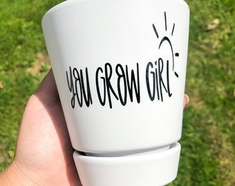 You Grow Girl 4 Inch Planter Pot, Cute Succulent Pot, Small Pot with Tray, Punny Succulent Pot, Housewarming Gift, White Ceramic Pot