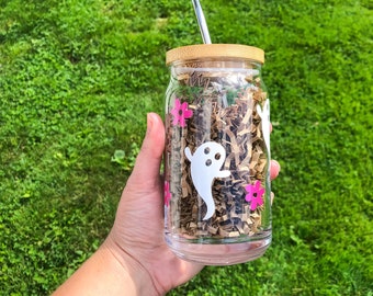 Floral Ghost Libbey Glass, Halloween Iced Coffee Cup, Ghost Halloween, Beer Can Glass, Halloween Tumbler, Cute Halloween Glass