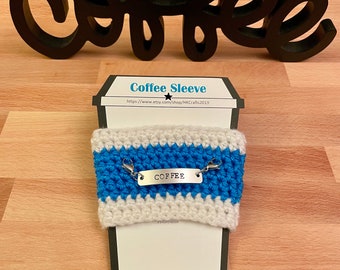 Crocheted Coffee Sleeve with Small Tag: fully customizable, coffee cozie, holiday gift, birthday gift, women, men, unisex,