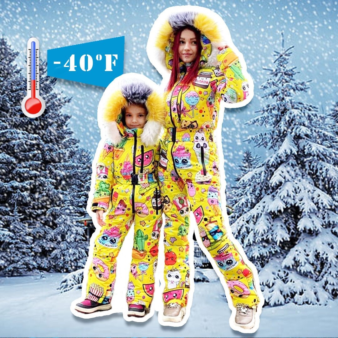 Children Ski Yellow Suit With Bright Print Hood Kids Snow Suit Teenager Ski Jumpsuit Teens Winter Warm Down Suit Kids Snowboarding Etsy New