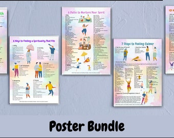 May include: A set of 5 colourful posters with watercolour backgrounds and illustrations of people. The posters are titled "7 Actions for Brain Health", "6 Keys to Finding a Spirituality that Fits", "6 Paths to Nurture Your Spirit", "7 Steps to Feeling Calmer", and "101 Ways to Get Through the Moment". The posters are part of a "Poster Bundle".