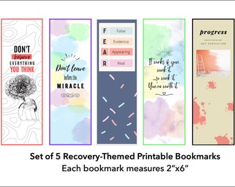 May include: Set of five printable bookmarks with watercolour backgrounds and inspirational quotes. The bookmarks feature quotes such as "Don't leave before the miracle", "It works if you work it", and "Progress, not perfection". Each bookmark measures 5.1 cm by 15.2 cm.