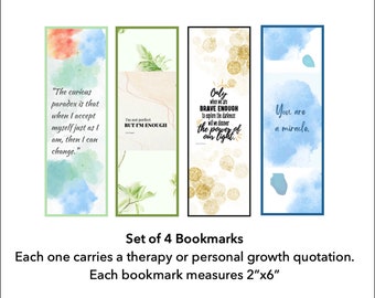May include: Set of four watercolour bookmarks with inspirational quotes. Each bookmark features a different colour scheme and design. The quotes are: "The curious paradox is that when I accept myself just as I am, then I can change.", "I'm not perfect BUT I'M ENOUGH", "Only when we are BRAVE ENOUGH to explore the darkness will we discover the power of our light.", and "You are a miracle."