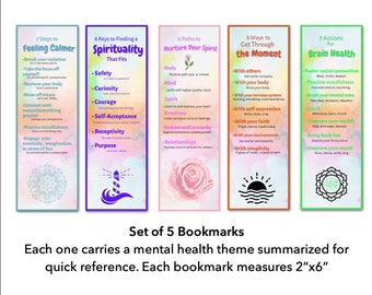 May include: A set of 5 bookmarks, each measuring approximately 5cm x 15cm, with mental health themes. Topics include feeling calmer, finding spirituality, nurturing your spirit, getting through the moment, and brain health.
