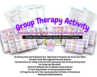 May include: A colorful set of printable group therapy activity cards with a guide for therapists. The cards feature the text "Find-a-Spirituality That Fits Group Activity Bundle".