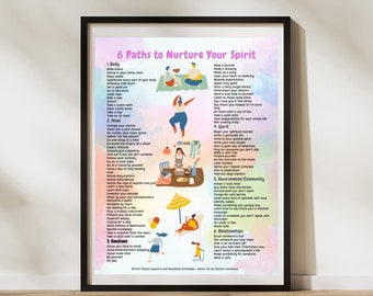 May include: A framed art print titled "6 Paths to Nurture Your Spirit" with colourful illustrations. The print lists six categories: Body, Mind, Emotions, Spirit, Environment/Community, and Relationships. The artwork features figures in various poses.
