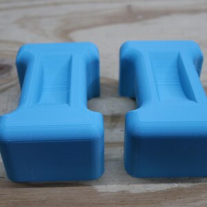 May include: Two light blue, 3D-printed objects with a unique, stylized shape. Each has a rectangular base and a central, raised section. The objects are displayed on a light brown wooden surface.