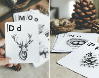 English alphabet cards, Printable flash cards, Woodland nursery decor, Forest study, ABC flash cards, Classroom wall art, Playroom decor
