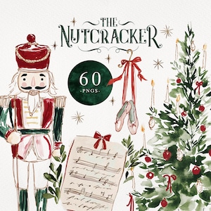 Peut inclure: Un ensemble d'illustrations numériques comprenant un casse-noisette, des chaussons de danse avec un ruban rouge, une partition musicale et un sapin de Noël décoré. Le texte indique THE NUTCRACKER et 60 PNGS. Palette de vert foncé, rouge et or.