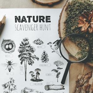 Jeu de chasse au trésor dans la nature, Jeu de plein air, Étude de la nature, Activité à imprimer pour les enfants, Jeu de camping, Fête sur le thème des bois, Montessori, École à la maison