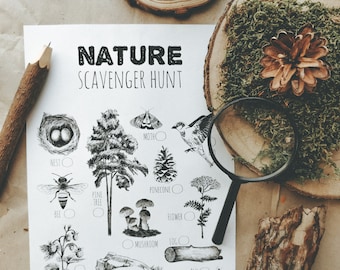 Nature scavenger hunt game, Outdoors game, Nature study, Printable kids activity, Camping game, Woodland themed pary, Montessori, Homeschool