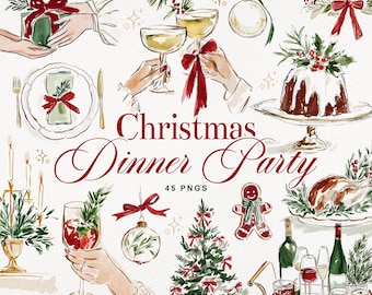 Christmas Party Clipart | Festive Watercolor Holiday Clipart | 45 Illustrations for Christmas Party Invitations